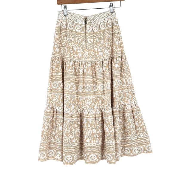 Alice + Olivia Womens Reise Embroidered Tiered Midi Skirt 2 Boho Cottage Cream - Picture 2 of 7
